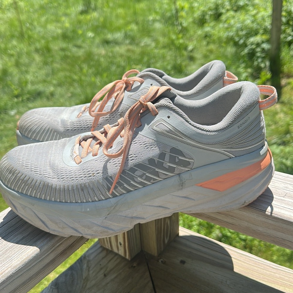Hoka Gray and Peach Running Shoes